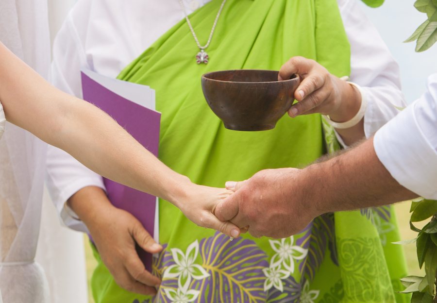Destination wedding, ring blessing, ocean, beach, blue, island, oahu, koa bowl, ti leaf